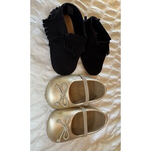Lot Of 2- Baby Girl Slip On Shoes- Black moccasin, Gold Ballet Flats 6-12 Months